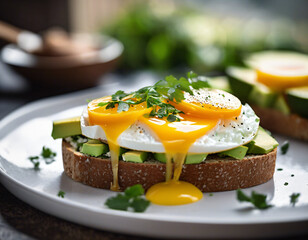 Breakfast sandwich. Toasted bread with fried egg and avocado.