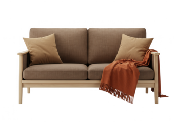 Comfortable couch with pillows and throw isolated on transparent background
