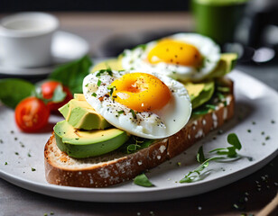 Breakfast sandwich. Toasted bread with fried egg and avocado.