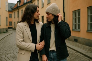 Couple walking urban street.