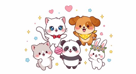 Obraz premium Adorable cartoon animals including a white cat, brown puppy, panda, bunny, and kitten, all depicted in a cheerful and playful pose with sparkling accents.
