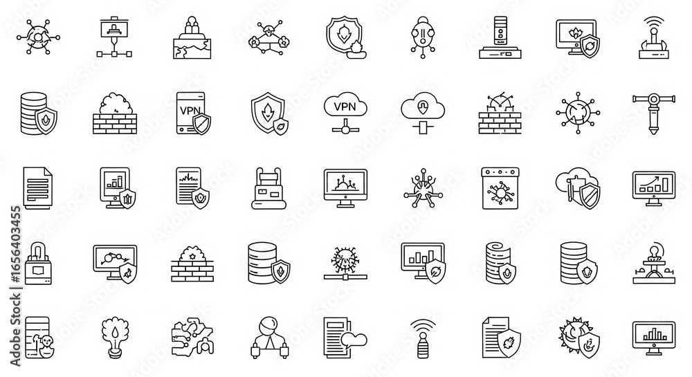 Poster a collection of modern line art icons representing technology and data security concepts.