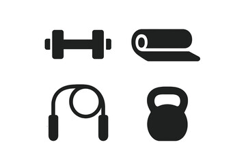 Fitness Equipment Icons: Dumbbell, Yoga Mat, Jump Rope, Kettlebell