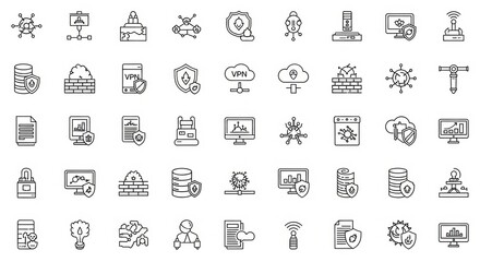 A collection of modern line art icons representing technology and data security concepts.