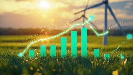 Green Bar Graph Rising Over Wind Turbine in Sunset Field with Grass Landscape - Powered by Adobe