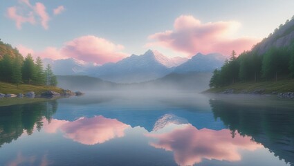 Fototapeta premium mountain lake at golden hour, glassy water surface reflecting snow-capped peaks and pastel clouds