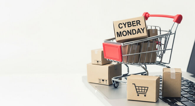 An online shopping concept for Cyber Monday with a miniature cart filled with boxes and a promotional label next to a laptop perfect for e-commerce holiday sales