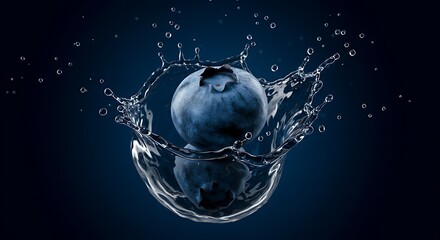 Fresh Blueberry Splashing Into Water with a Dark Background