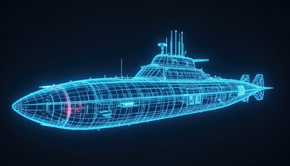 A detailed wireframe illustration of a submarine, showcasing its complex internal structure in vibrant blue light against a dark background.
