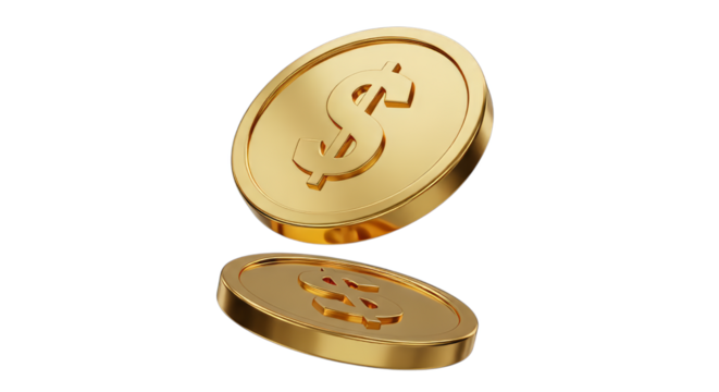 Shiny gold coins with dollar symbols gleam against a clean white background, representing wealth and financial success.