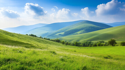 Obraz premium Wide landscape of rolling green hills with clear blue sky, symbolizing harmony, ecology, and untouched rural nature.