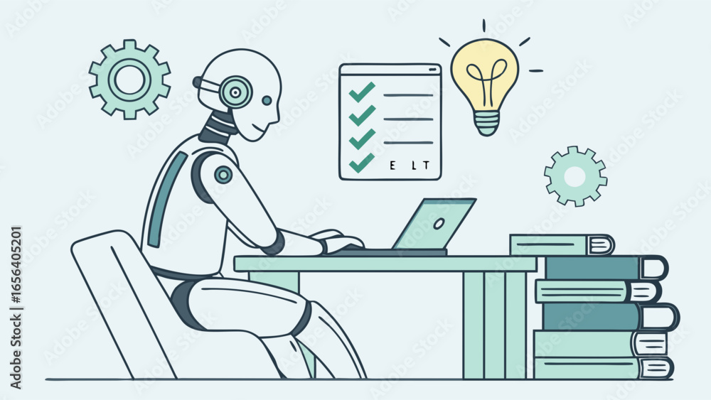 Poster robot working at desk with laptop checklist and lightbulb idea.