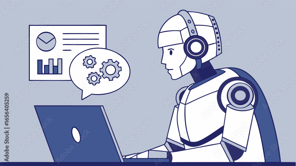 Poster robot working on laptop with data analysis and gears.