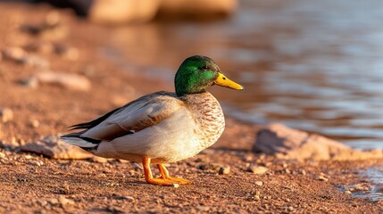 A mallard duck stands on a sandy shore, showcasing vibrant plumage and a serene lakeside background, Ideal for nature-themed projects, wildlife education, or tranquil outdoor scenes,
