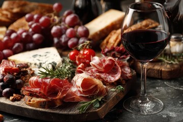 Charcuterie Wine. Red Wine and Charcuterie Assortment on Black Buffet Background