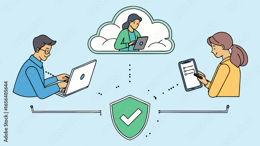 Poster secure cloud data network with shield and people.