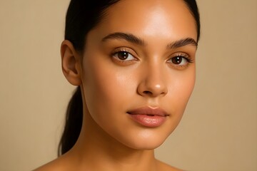 A close-up portrait of a woman with smooth skin, natural makeup, and a neutral background, showcasing her facial features. Concept Close-Up Portrait, Smooth Skin, Natural Makeup, Neutral Background