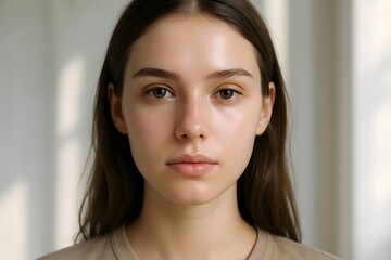 A close-up portrait of a young woman with clear skin and straight hair, looking directly at the camera with a neutral expression. Concept Close-Up Portrait, Young Woman, Clear Skin, Straight Hair
