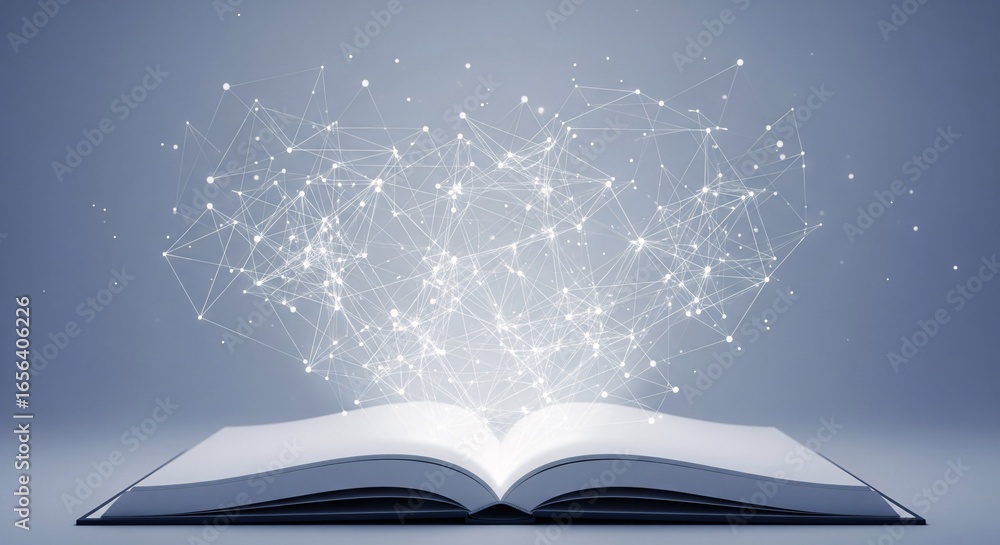 Poster abstract network emanating from an open book illustration.
