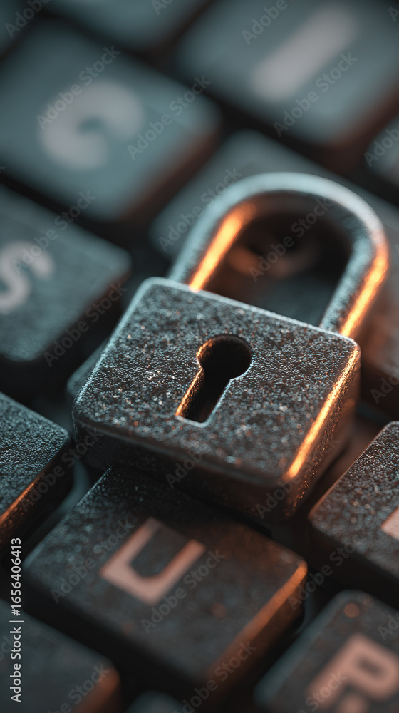 Aufkleber close up view of padlock resting on computer keyboard, symbolizing security and protection in digita