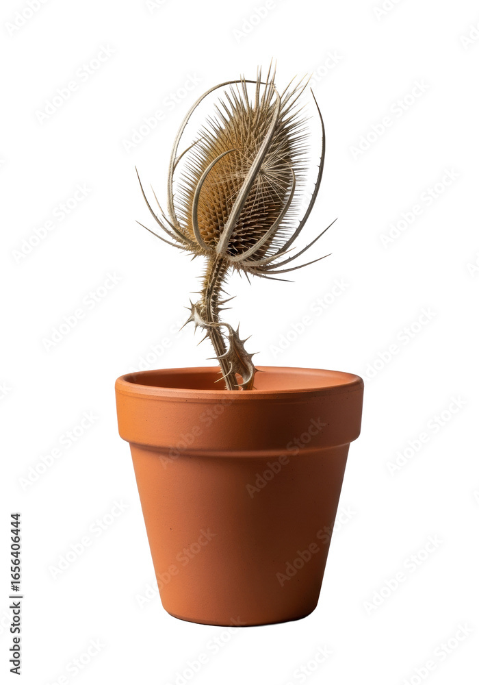 Poster a dried thistle head in a terracotta pot, isolated on a transparent studio background with soft diff