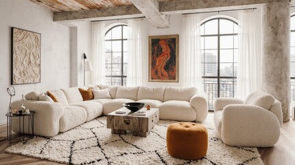 Serene Living Space: A modern, airy living room, exuding warmth with a plush sofa and stylish decor bathed in natural light, reflecting the essence of cozy interior design.