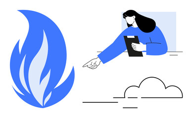 Woman holding tablet pointing at a cloud, accompanied by abstract blue flame. Ideal for innovation, energy, brainstorming, creativity, futuristic ideas, leadership, and simple landing page