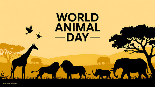 African savanna animals silhouette with world animal day text - Powered by Adobe