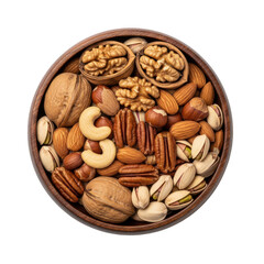 Assorted Nuts in Wooden Bowl Overhead View walnut almond isolated on a transparent background