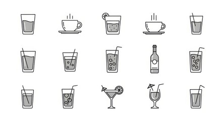 Collection of refreshing drinks and beverages in simple line art style
