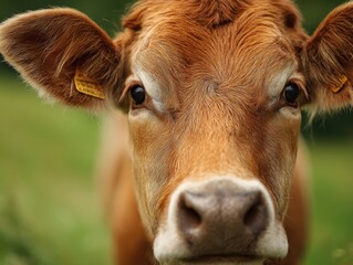 Cow With Ear Tag. Close Up Portrait of Brown Dairy Cow with Ownership Tag in Green Field
