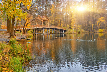 Wooden Bridge with Gazebo in Feofaniya Park, Kyiv