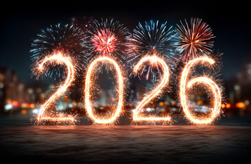 Happy New Year 2016 written with Sparkle firework over cityscape background