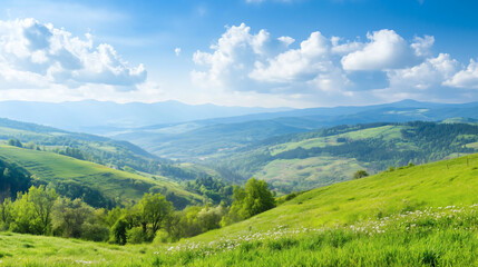 Naklejka premium Wide landscape of rolling green hills with clear blue sky, symbolizing harmony, ecology, and untouched rural nature.