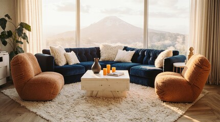 Living Room with Mountain View: This image showcases a modern and inviting living room with plush seating, a stylish coffee table, and a panoramic window offering a breathtaking mountain vista.