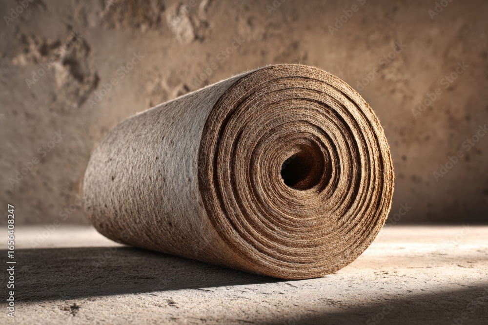 Poster Roll of Natural Fiber Material on Rustic Background for Crafting and Design Projects in Light and Shadow