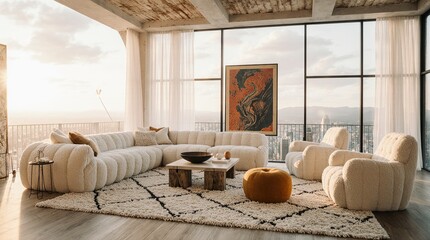 Living room, the art of modern living: A lavish and elegant living room, thoughtfully furnished and styled for comfort. A space of modern design and contemporary art.
