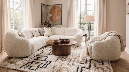 Cozy Interior Elegance: A spacious living room unfolds, featuring a contemporary sectional sofa, a coffee table, and a single armchair, harmoniously arranged within an inviting, airy space.