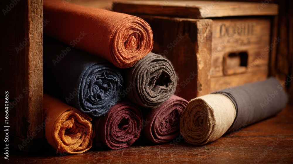 Poster rolled fabrics in warm tones displayed neatly with rustic wooden box creating an aesthetic home deco
