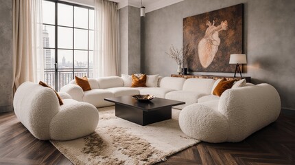 Living Room Interior: A sophisticated living room bathed in natural light, showcasing a modern sectional sofa, accent chairs, and artwork, creating an inviting and stylish space.