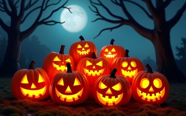Fototapeta premium Large pile of glowing jackolanterns and pumpkins with a spooky tree halloween light isolated on a transparent background. High quality