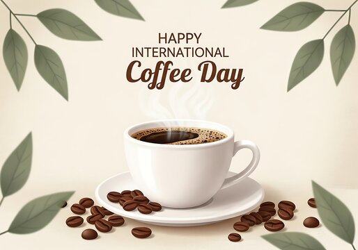 Happy international coffee day with a steaming cup and coffee beans