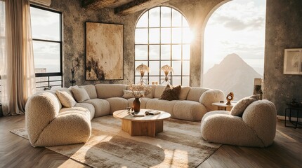 Serene Living Room: The architectural marvel with huge windows overlooking a majestic mountain peak invites you into a realm of comfort and tranquility, setting a perfect stage for relaxed living.