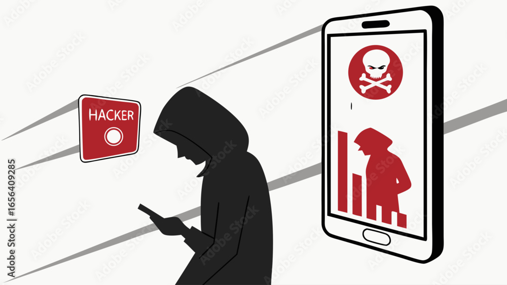 Poster silhouette hacker using phone with cyber threat displayed.