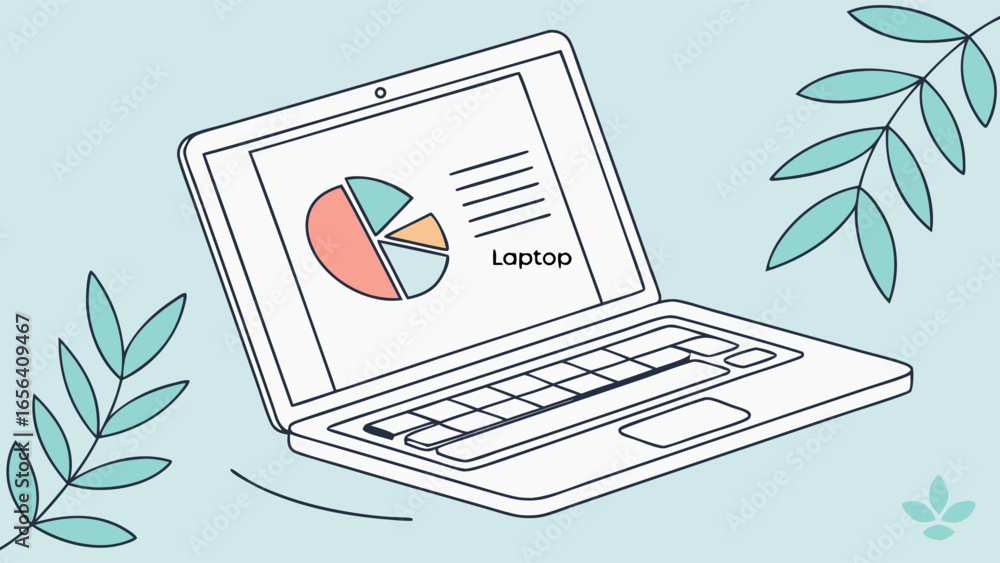 Poster simple line art laptop with pie chart display.