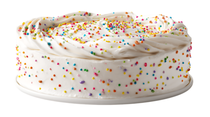 Whipped cream-frosted birthday cake with colorful confetti sprinkles, perfect for festive packaging and digital graphics, styled neatly on seamless pure white background 