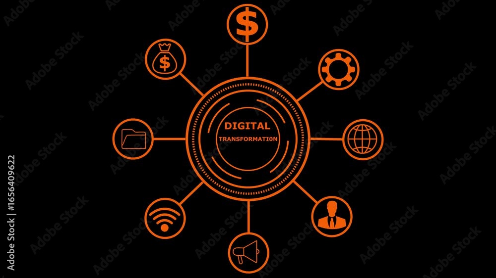 Poster digital transformation strategy represented by diagrams and teamwork icons. business, internet and n