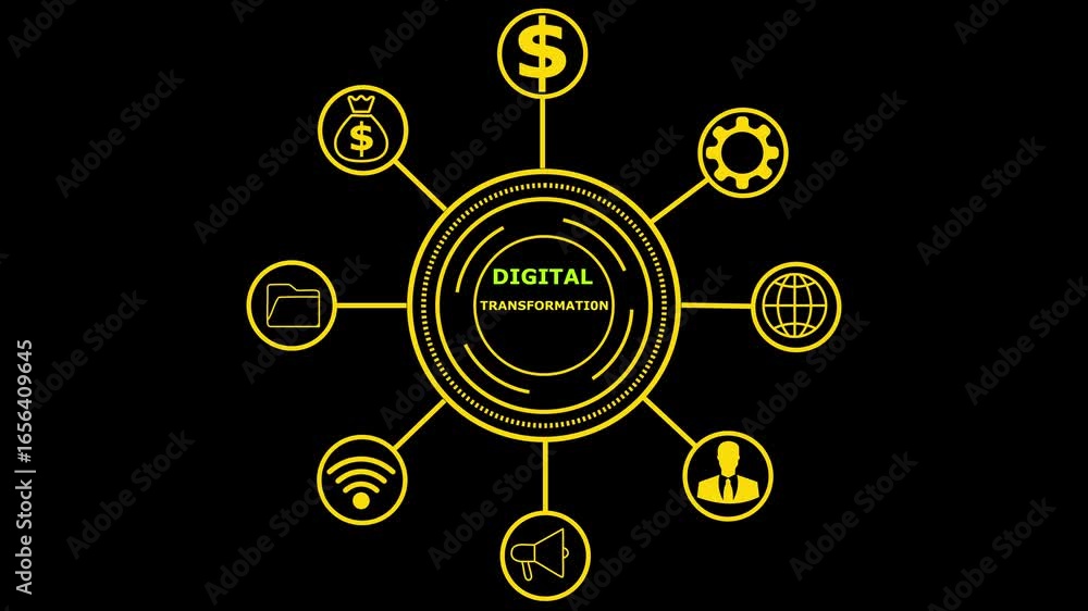 Poster digital transformation strategy represented by diagrams and teamwork icons. business, internet and n