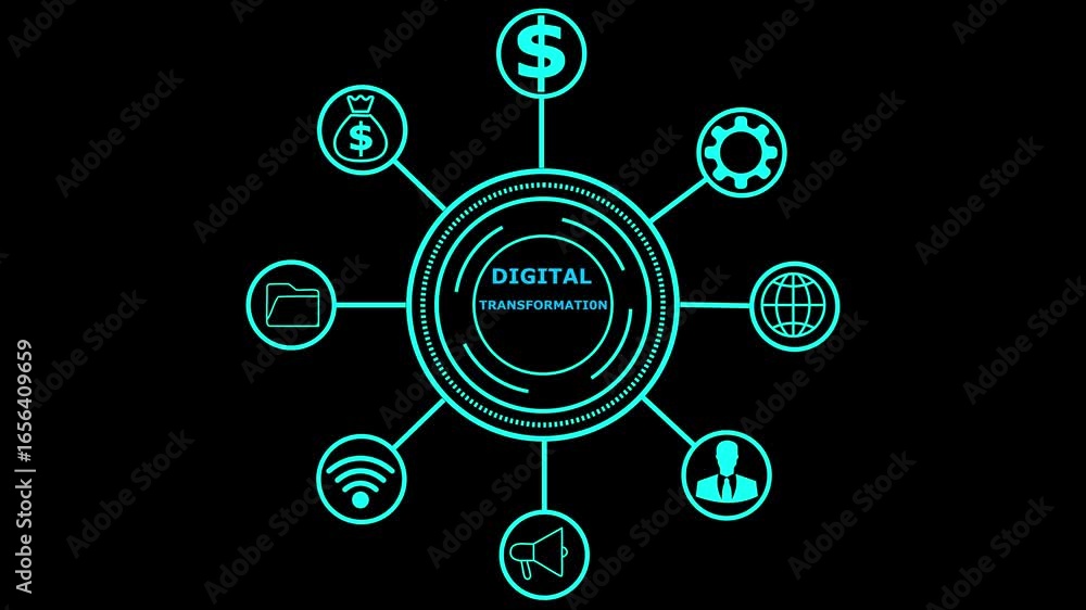 Poster digital transformation strategy represented by diagrams and teamwork icons. business, internet and n