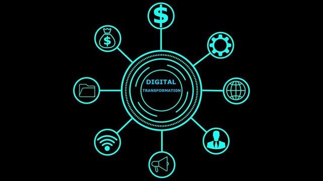 Digital transformation strategy represented by diagrams and teamwork icons. Business, Internet and network concept data strategy, system, tech marketing modern network 4k video..